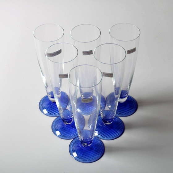 Set van 6 Vintage Glazen met Blauwe Voet / Zeldzame Hoge Tumblers / Zwiesel Glas / Duitsland / Jaren 90 (photo 7 of 11)