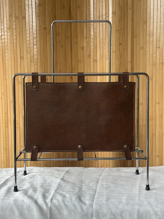 Image 1 of Vintage magazine rack chrome & leather