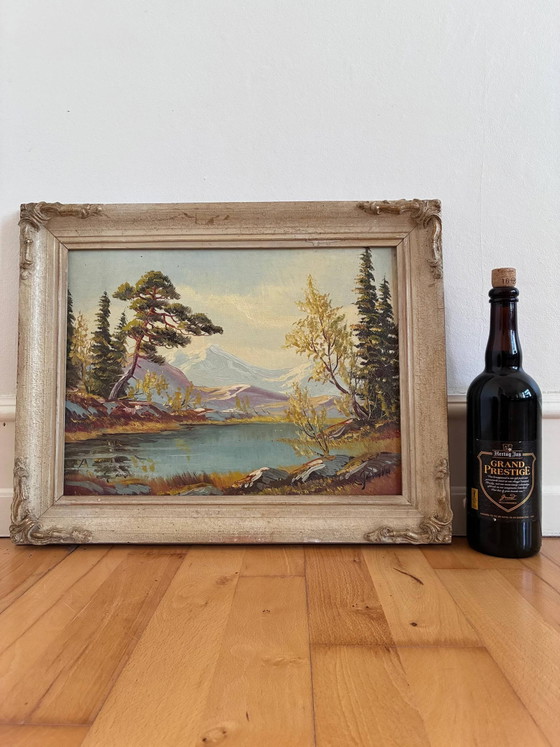 Image 1 of Peinture à l'huile originale vintage représentant un paysage de montagne et de rivière, encadrée