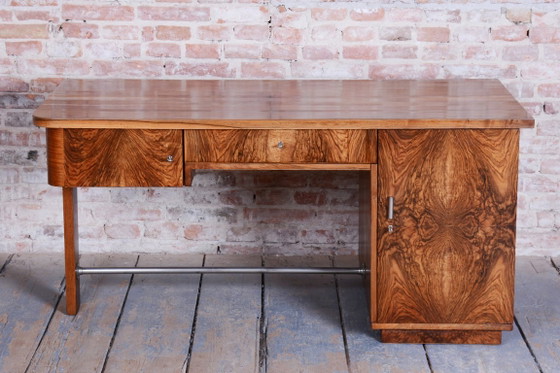 Restored Art Deco Writing Desk, By UP Závody, Walnut, Repolished, Czech, 1930s – Metal, Wood (photo 4 of 19)