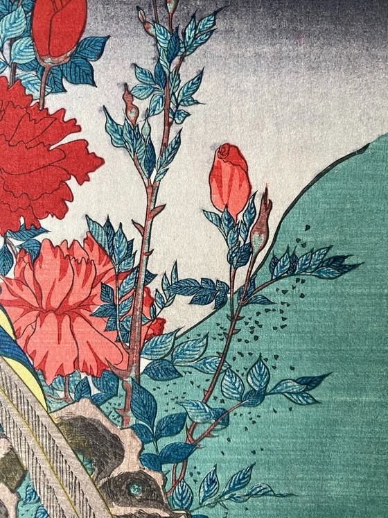 Image 1 of Estampe japonaise authentique sur bois - Oiseaux et fleurs - Éventail - Regravée dans les années 1920