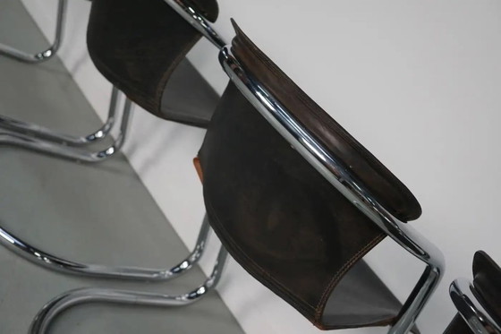 Image 1 of Set van vier bruine leren eetkamerstoelen, Willy Rizzo, jaren 1970