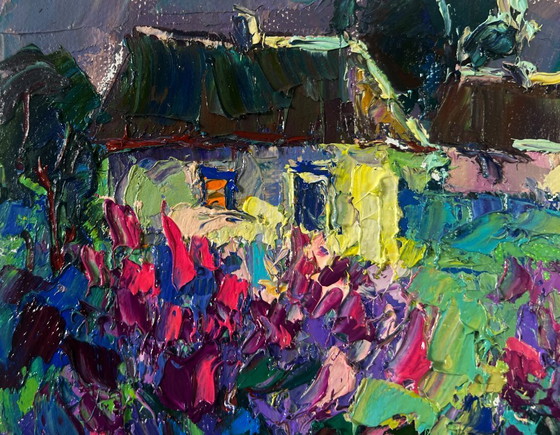 Image 1 of Original Oil Painting Night Village Landscape The first lilac over the field