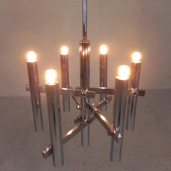 Chromed pendant lamp by Gaetano Sciolari for Boulanger, 70s, Metal, Silver, Vintage (photo 14 of 15)