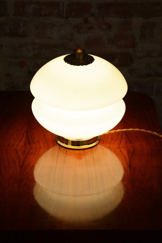 Restored Mid-Century Table Lamp, Brass, Glass, Rewired, Czech, 1960s – Textile (photo 4 of 8)