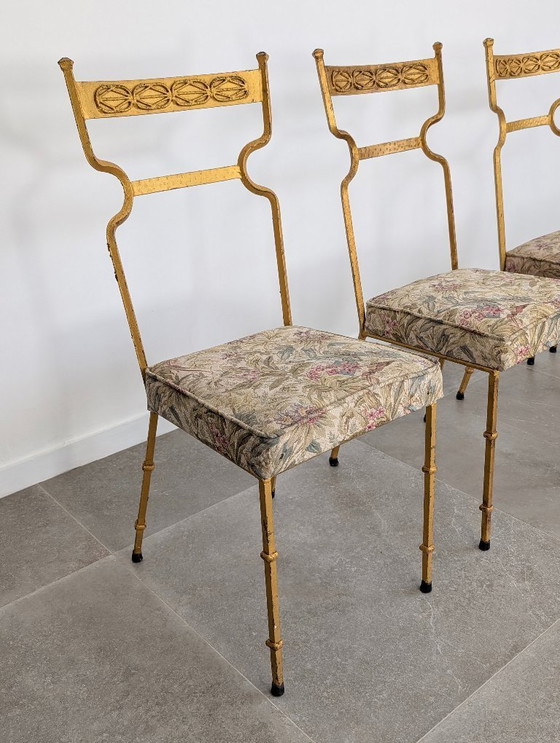 Image 1 of Set of 4 Gilt Wrought Iron Chairs with Floral Tapestry, Spain 1980s