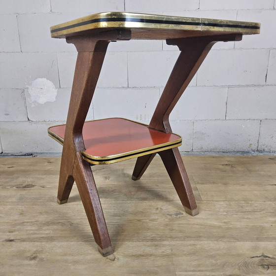 Image 1 of Vintage bijzettafel / plantentafel (Van Teeffelen stijl)  Formica / beukenhout (jaren 60 / 60s)