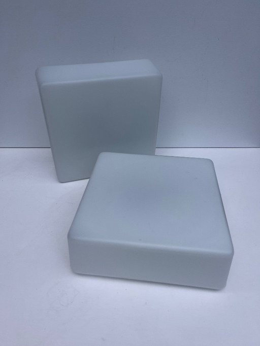 2x vintage RZB witte matte melkglazen vierkante plafonniere