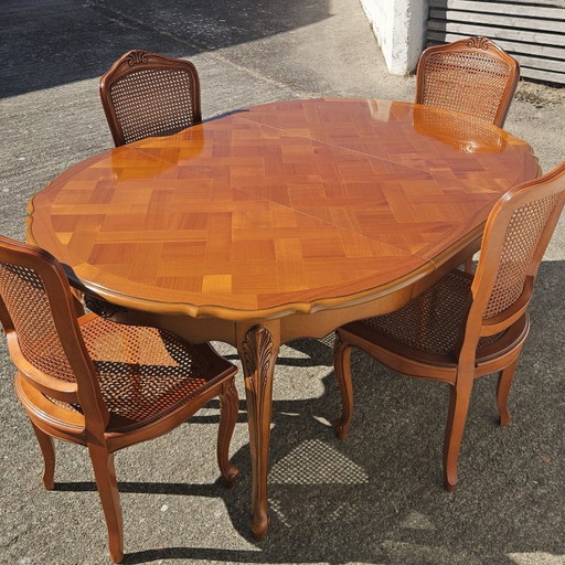French Vintage Marqueterie Dining Table-Extendable Cherrywood Table-Style Louis XV-80s