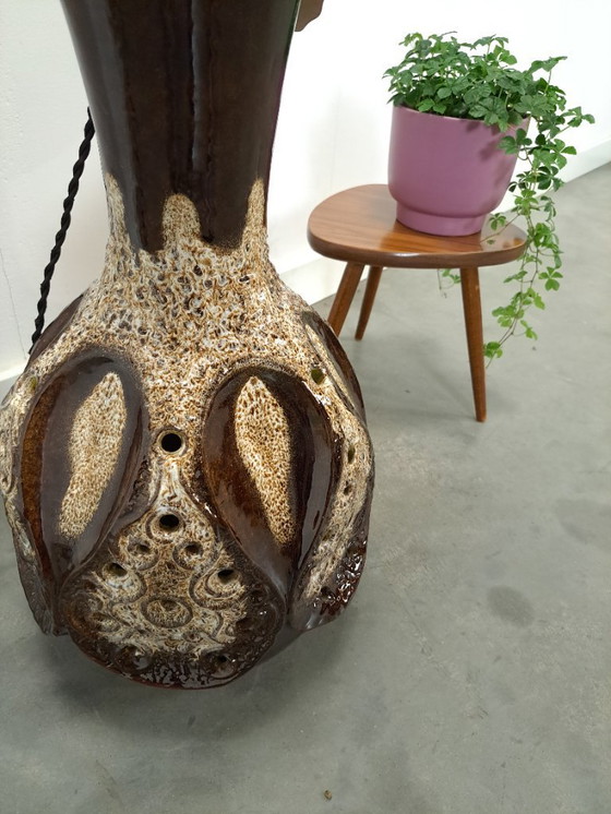 Image 1 of Braune Keramiklampe von Besigheimer Leuchten mit beleuchtetem Sockel