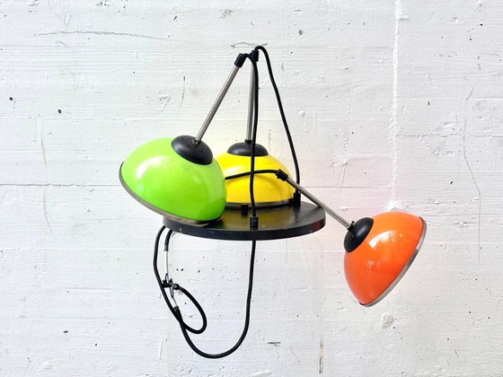 Image 1 of Space-age pendant lamp with three colored metal shades, 1970s