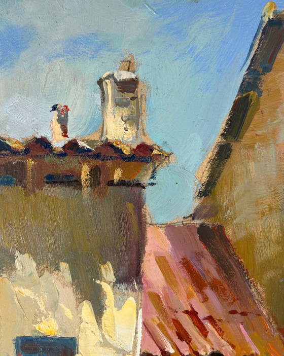 Image 1 of Peinture à l'huile originale - Paysage de rue urbaine - Chemin vers la maison par la ruelle