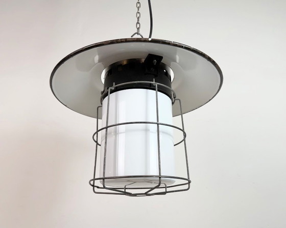 Image 1 of Industrial Grey Enamel Cage Pendant Lamp, 1960s