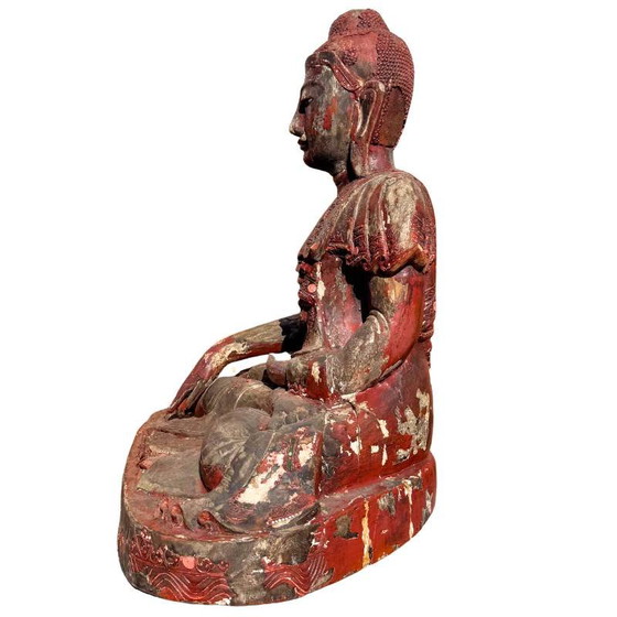 Antique Wooden Buddha Statue from Burma - Large Mandalay Buddha with Mirror Inlay – Sculpture (photo 12 of 18)