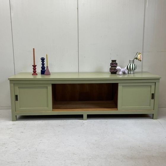Image 1 of Restyle massief teakhout TVkast meubel dressoir olijfgroen