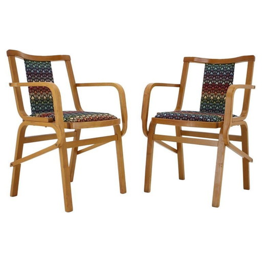 Set of Two Rare 1970s Czechoslovakian Bentwood Armchairs by TON in Colorful Patterned Fabric