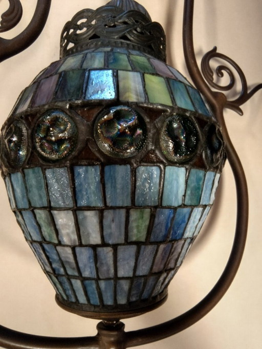Bellissima lampada a sospensione Meyda Tiffany con finestre in vetro blu