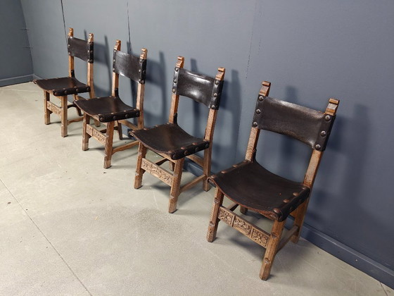 Image 1 of Vintage brutalist leather spanish dining chairs, 1960s