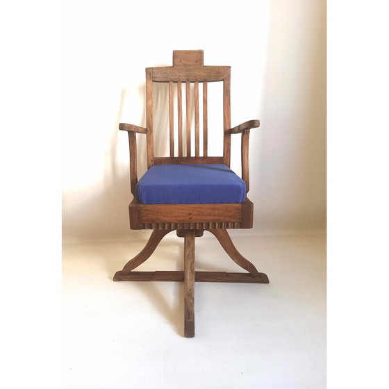 Image 1 of Vintage barber chair in solid teak and blue fabric, 1930