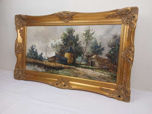 Beautiful Oil Painting by B.H. Slotman - Atmospheric Landscape with Baroque Frame