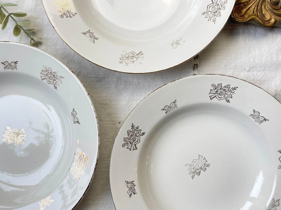 6 Vintage Digoin & Sarreguemines France 1950 Porseleinen Diepe Borden met Kleine Gouden Bloemen – Servies (photo 12 of 14)