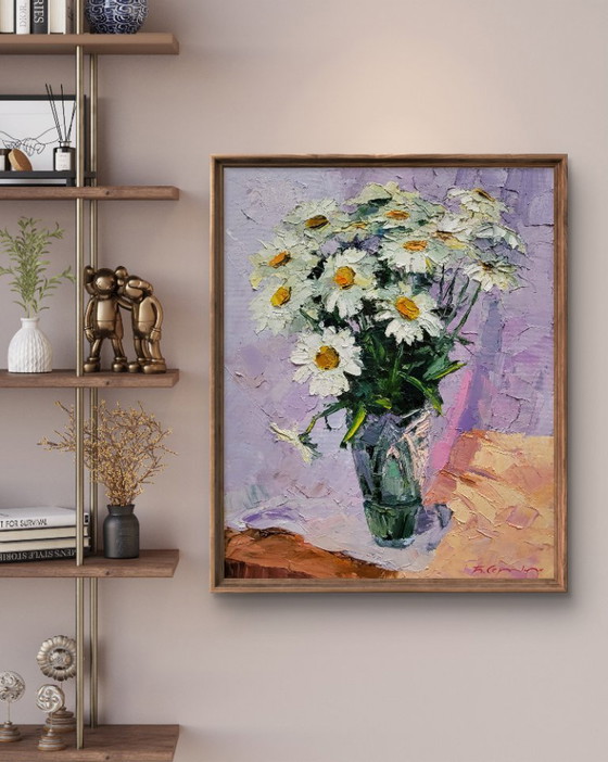 Original Oil Painting Floral Still Life Flowers in a Vase Bouquet of Daisies – Paintings & Drawings, Canvas (photo 3 of 7)