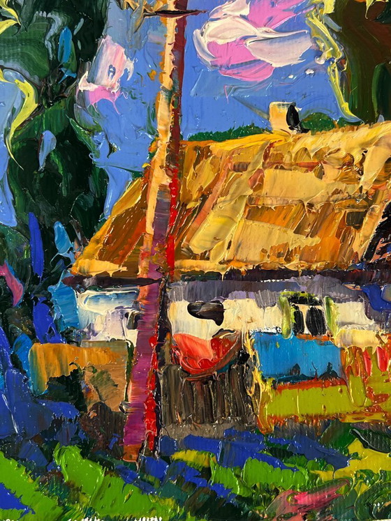 Image 1 of Peinture à l'huile originale représentant un paysage champêtre, une cour de maison et un week-end paisible au village.