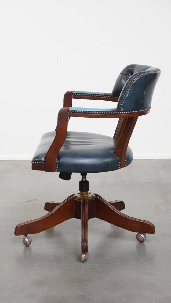 Image 1 of Blue cowhide leather and wood chesterfield office chair in English style