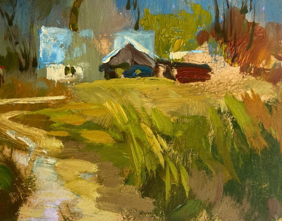 Image 1 of Dipinto ad olio originale Paesaggio autunnale di un villaggio Sto tornando a casa