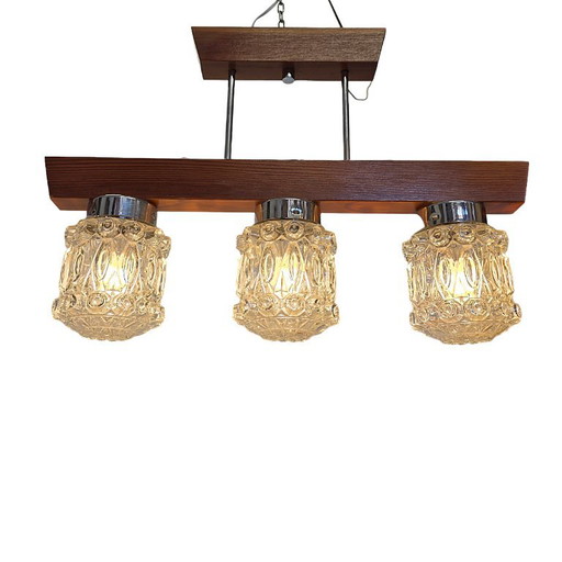 Pendelleuchte im Mid-Century-Stil mit drei gepressten Glasschirmen – hanglampen, Wood (photo 2 of 8)