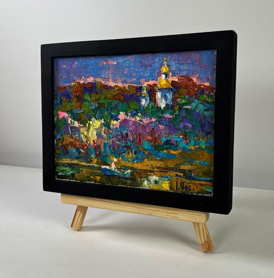 Image 1 of Original Oil Painting Evening Church Landscape Melody through the rural silence