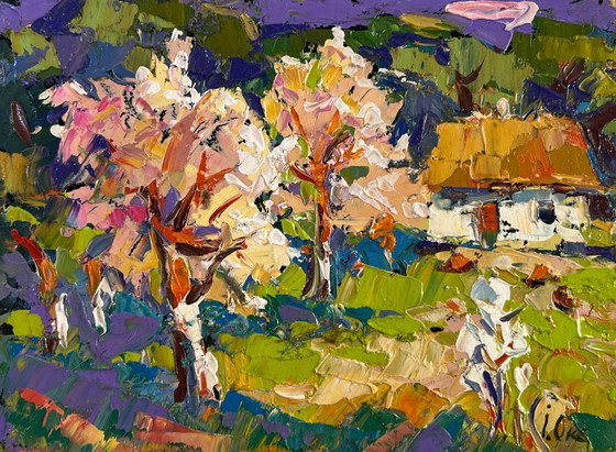 Image 1 of Original Oil Painting Day Village Landscape Ray of Spring Morning