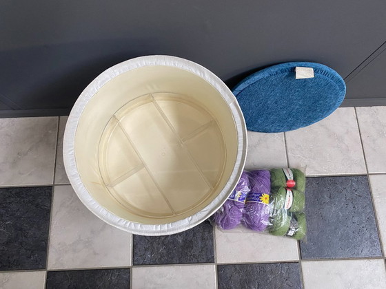 Image 1 of Sewing box on chroom foot, white skai and blue gabric 1960s