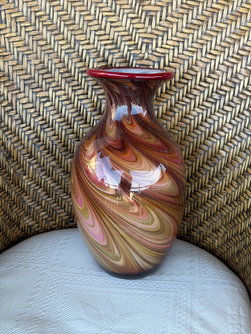 Vintage Murano Art Glass Vase – Red, Burgundy & Gold Swirl – Italian Decorative Glass