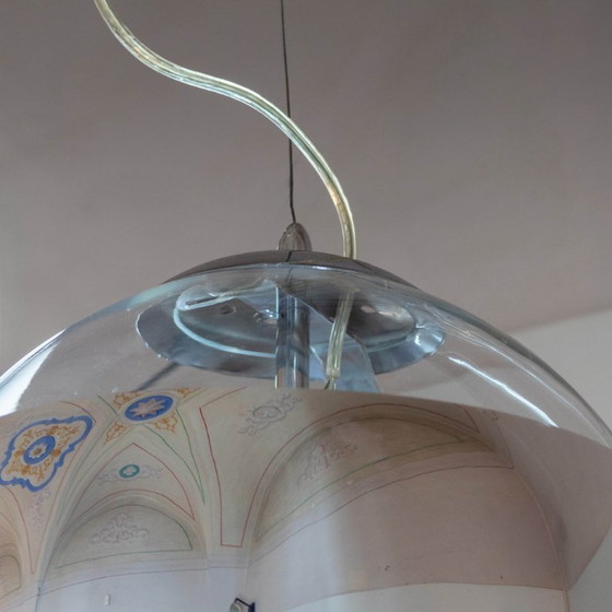 Image 1 of 1x Italian Modern Space Age Pendant Light, Glass & Silver Metal, 1980s