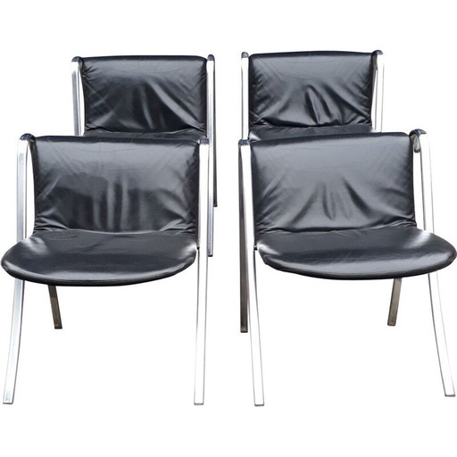 set of 4 vintage chrome and leather Italian design chairs 70