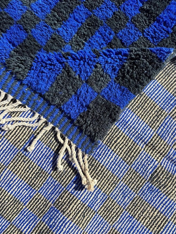 Image 1 of Handmade Moroccan Rug – Black & Blue Checkered Wool Carpet | Geometric Checkerboard Area Rug | Boho Vintage Style Home Decor