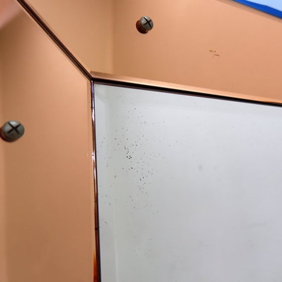 Image 1 of Facettierter Wandspiegel mit blauen und kupferfarbenen Spiegelpaneelen – Italien, 1930er Jahre