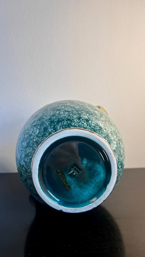 Image 1 of Vintage Vallauris Art Pottery Vase – Seafoam Glaze with Gilt Snail Handles | France, 1960s