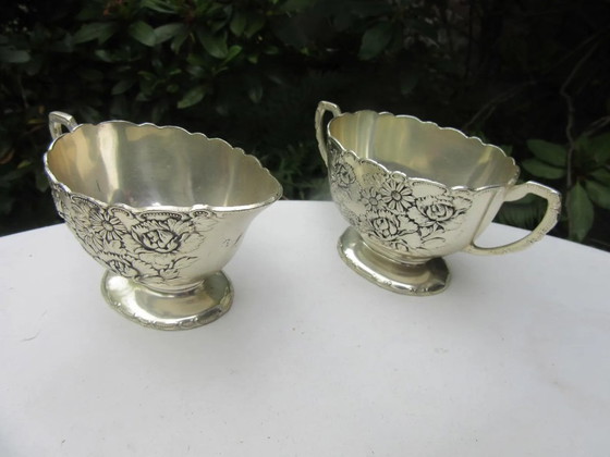 Image 1 of Silver plated Set of milk jug / creamer & sugar bowl, signed TK, vintage