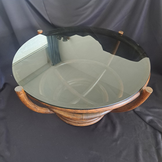 Image 1 of Vintage rattan coffee table with smoked glass top - Hollywood Regency style