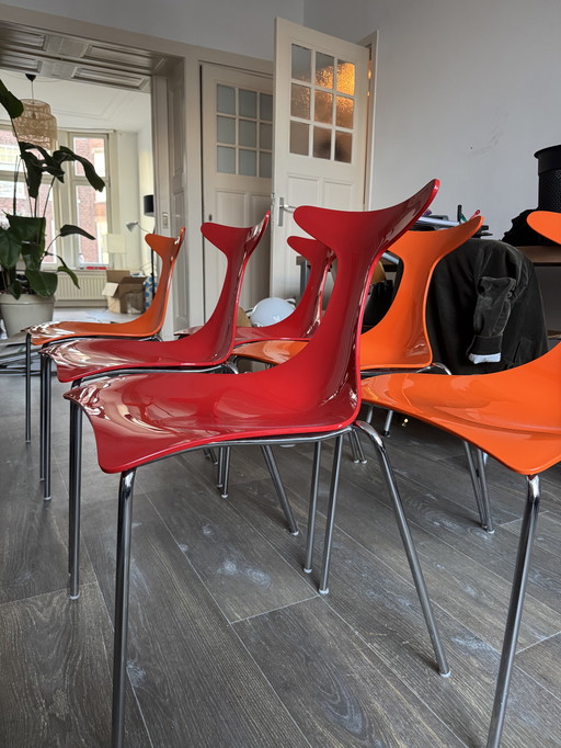Delfy Design Dining Chairs | 3x Red and 3x Orange