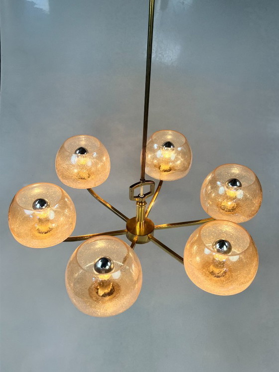Image 1 of Vintage Brass Chandelier/Pendant Lamp, 6 Arms, Amber Bubble Glass
