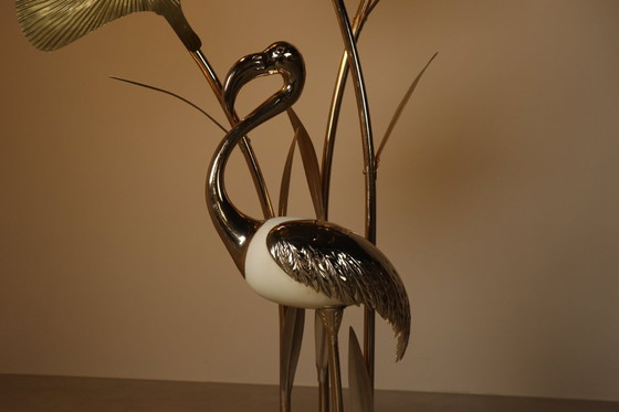 Image 1 of Grande lampada da terra in ottone a forma di fenicottero con foglie di Ginkgo scultoree, Italia, anni '70