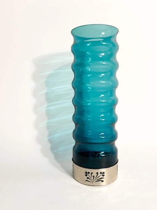70s Cylindrical Blue Glass and Silver-Plated Metal Vase – vazen, Murano Glass (photo 2 of 9)