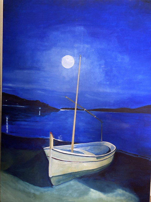 Oil painting, beach, boat and moon