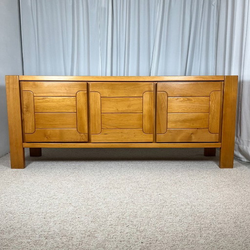 Large French sideboard in solid elm, 1970, attributed to the Chauvin Workshop