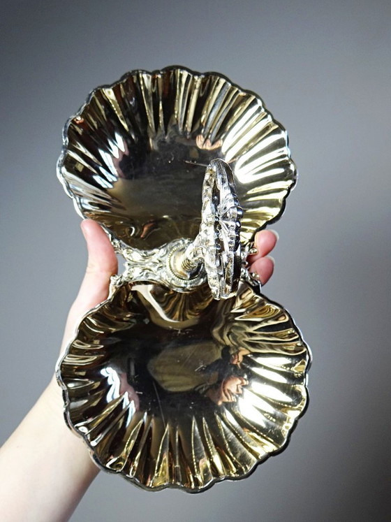 Image 1 of Antique double serving set in light gold-tone metal, vintage shell cup design, 1950s-1970s