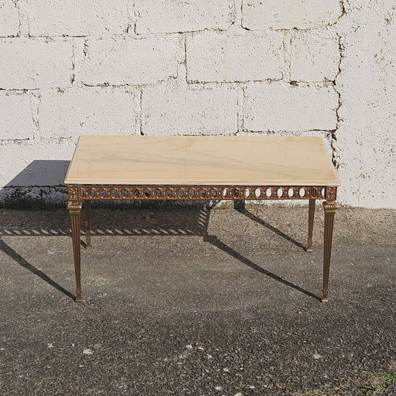 Image 1 of Tavolino da caffè vintage francese in marmo e ottone - Tavolo da cocktail - Tavolo da salotto - Stile Regency - Anni '70