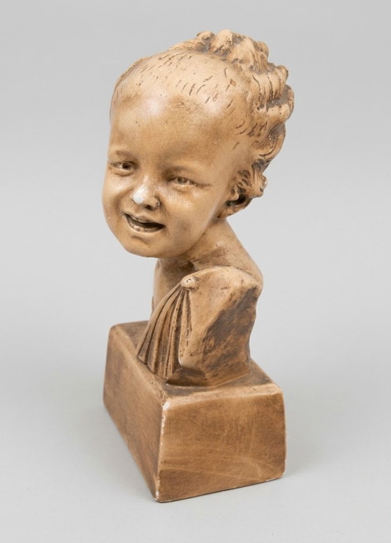 Buste d'un Enfant Rieur, Couleurs Terre Cuite, Sculptures, Céramique, Marron (photo 3 sur 7)